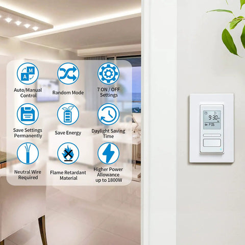 7 Day Programmable In Wall Timer Switch For Lights And Fans With Sunrise Sunset Auto Control And Random Security Mode Digital LCD Display Indoor Use 49 On Off Programs Neutral Wire Required
