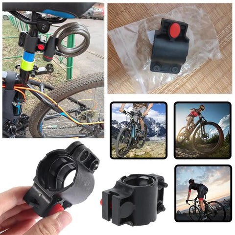Collage of Two Pack Bike Lock Mounting Bracket Holder Frame Mount Replacement Storage Clamp Universal U Lock Clip displayed on and off a bike