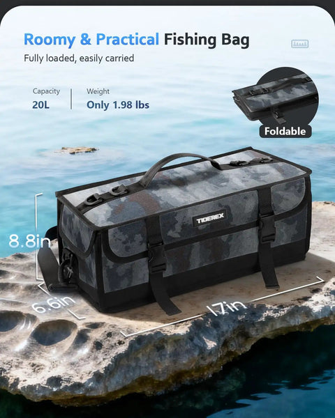 Big Tackle Bag For Soft Plastics And Gear With 20 Piece Soft Bait Clear Storage Bag, 20L capacity on rock near water, black.