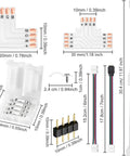 RGB LED Strip Connector Kit 4 Pin 10mm Extension Cables With L And T Splitters shown with dimensions and components