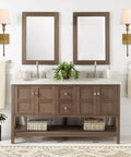 Two Pack Brushed Brass Wall Sconces With Fabric Shade above bathroom vanity with mirrors