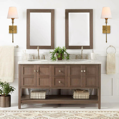 Two Pack Brushed Brass Wall Sconces With Fabric Shade above bathroom vanity with mirrors