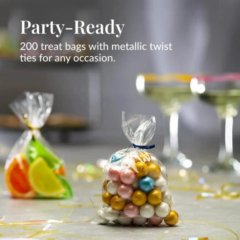 Clear Cellophane Bags For Favors Pack Of 200 For Birthday Parties 6x10 Inch Transparent Goodie Bags With 4 Inch Twist Ties filled with candies on a table