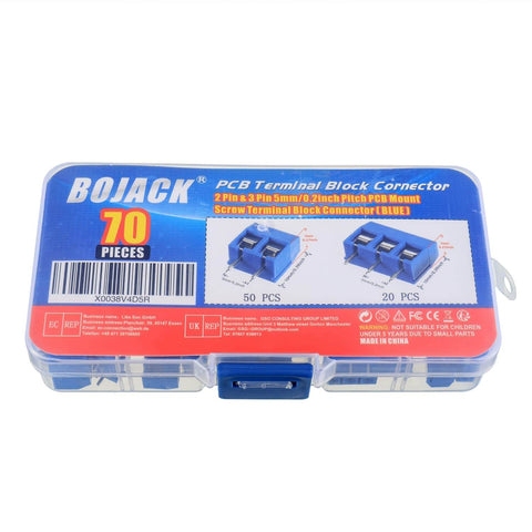Blue 5mm Pitch PCB Mount Screw Terminal Blocks 2 Pin And 3 Pin For DIY Arduino Projects in a pack of 70, visible in storage case.