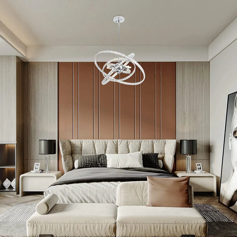 Dope Modern Crystal LED Chandelier With Four Adjustable Ring Designs in bedroom, enhancing modern decor above bed.