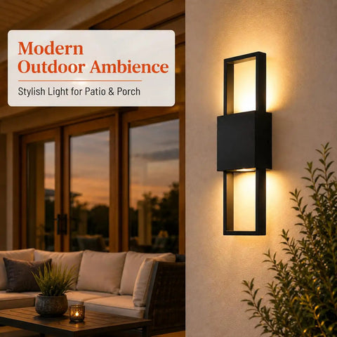 Modern Outdoor Wall Sconce 2 Pack, Up Down LED Light, 3000K, Hardwired illuminating a patio with soft warm light.