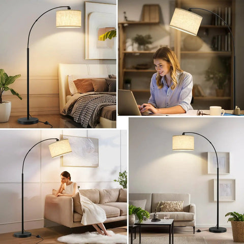 Arched 71 Inch Floor Lamp With Fully Dimmable 0 To 100 Percent Light And Foot Pedal Switch Adjustable Head in various room setups