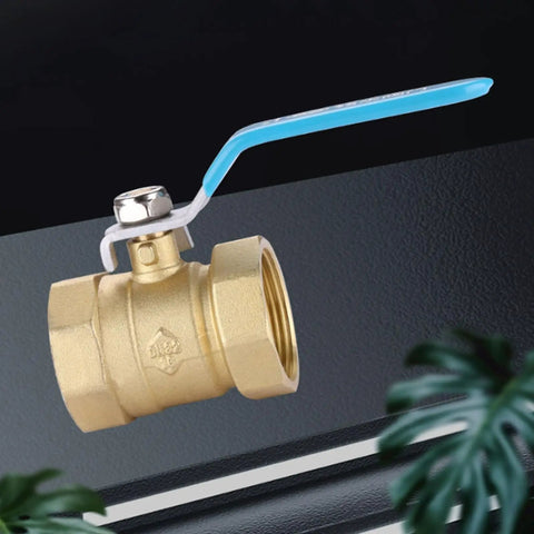Heavy Duty Solid Brass Ball Valve With Double Internal Thread One Point Five Inch Straight Through Shut Off For Plumbing Lines, angled view.