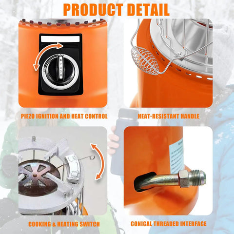 Go To All In One Propane Heater And Stove Portable with 6 Ft Regulating Valve features piezo ignition, switch and threaded interface