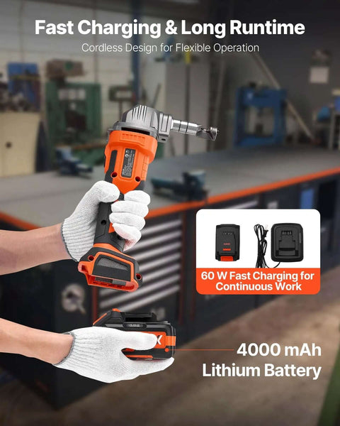 Cordless Metal Nibbler With 20V 4000mAh Battery 2200 RPM Brushless Motor Electric Nibbler Cutter shown hand-held with charger