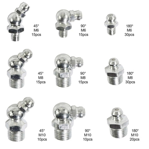 Metric Hydraulic Zerk Grease Fitting Assortment Kit 160 Piece with M6 M8 M10 straight 45° 90° angled zinc plated steel