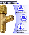 1/4 Inch SAE AC Valve Core Tee Adapter With Brass Swivel Connector, highlighting anti-corrosion and high-temperature resistance features.