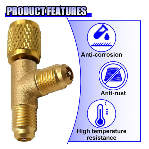 1/4 Inch SAE AC Valve Core Tee Adapter With Brass Swivel Connector, highlighting anti-corrosion and high-temperature resistance features.