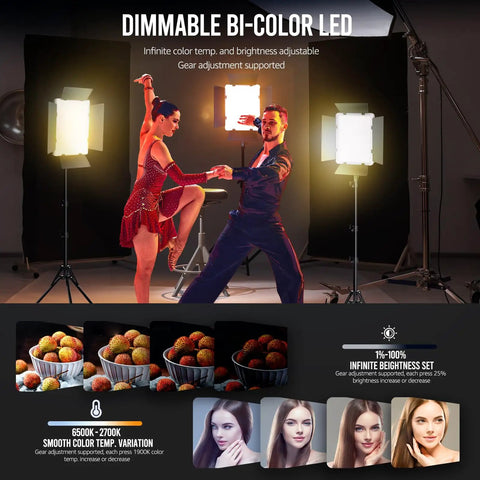 Dancers illuminated by 2-Pack Pro-Grade Bi-Color LED Photography Lighting Kit, 36W Output, 2700K-6500K, with dimmable feature and remote.