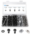 Ultimate M5 T Nut And Black Screw Kit For 6mm T Slot Aluminum Extrusion organizer with screws, washers, and T-nuts in compartment box