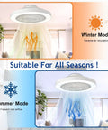 Bladeless Flush Mount Ceiling Fan With Light And Remote Control 19 Inch Low Profile DC Motor Smart App Control Dimmable LED 3000K To 6500K Quiet Enclosed Fandelier For Bedroom And Kids Room in winter and summer modes.