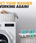 Upgraded Water Inlet Valve Assembly For Front Load Washers DC97-15459G next to washing machine and laundry basket
