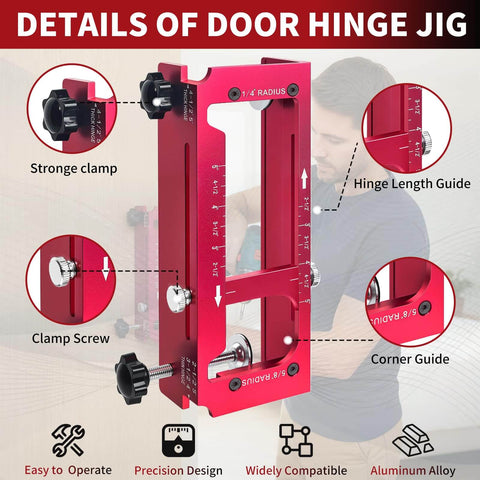Durable Aluminum Door Hinge Jig Router Template Kit With Adjustable Mortise From Guhiwuk Fits From Two And A Half Inches To Five Inches In Length And Thickness, Includes Quarter Radius, Five Eighths Radius And Square Corner Types For Hinge Mortises, shown with features labeled.