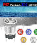 IP67 Waterproof Latching Push Button Switch 15A 12-24V DC With LED Angel Eye Light in various colors, stainless steel, outdoor use