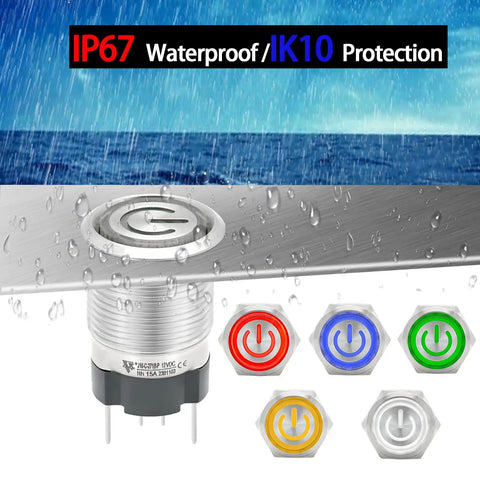 IP67 Waterproof Latching Push Button Switch 15A 12-24V DC With LED Angel Eye Light in various colors, stainless steel, outdoor use