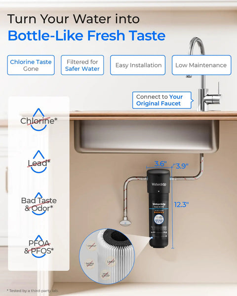 Under-sink kitchen setup showing 10UA Under Sink Water Filter System Cuts PFAS PFOA And PFOS Lead Chlorine Bad Taste And Odor Connects Directly