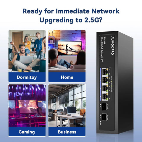 Six Port 2.5G PoE Switch With Four 2.5G PoE Ports And Two 10G SFP Slots Unmanaged Network Switch 75W Power Budget shown in use
