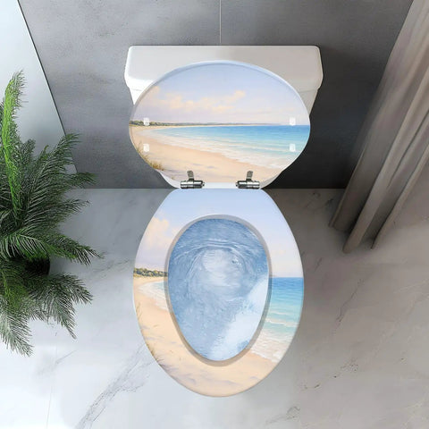 Elongated Toilet Seat Replacement for Bathroom Use with beach scene design and blue water swirl, top view.