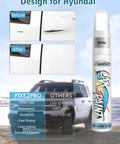 Calypso Red Y2E Touch Up Paint Kit For Hyundai Vehicles Exact Color Match Scratch Repair Pen Kit Quick And Easy Fix For Chips Nicks And Scuffs On Cars And SUVs in use with before and after scratch repair results shown, SUV in background.