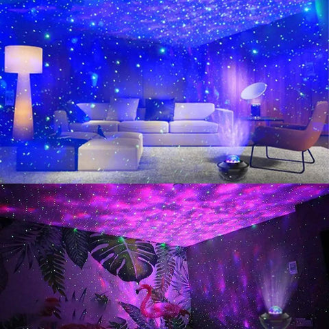 Starry Sky Projection Night Light With Remote Control Music Speaker And Timer Galaxy Projector displaying lights in a living room
