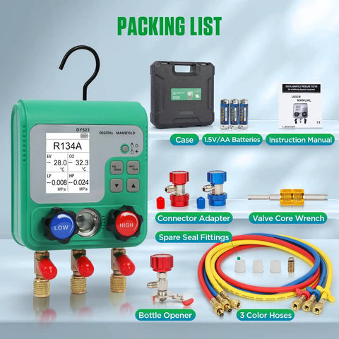 HVAC Digital Manifold Gauges Kit With Dual Pressure And Vacuum Tests, 92 Refrigerant Readouts, Hoses, R22 R134a R410a Compatibility, 1/4 Inch SAE Interface, Portable Hook, Leak Test And Refrigerant Fill with case, hoses, adapter and manual