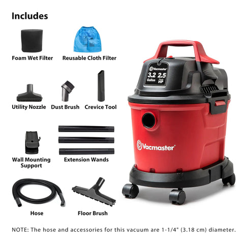 Heavy Hitter Compact Wet Dry Shop Vacuum With 3.2 Gallon Tank And 2.5 Peak Horsepower Suction with various accessories displayed.