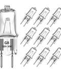 Set of 10 G8 bi-pin 35W halogen bulbs, 2700K warm white; 35W Halogen G8 Bi Pin Under Cabinet Puck Lights 2700K Warm White 360 Degree Beam Eco Friendly No Mercury Instant On 110V 120V 130V Easy Install 10 Pack For Bright And Even Task Lighting.