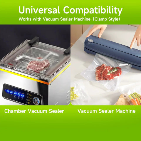Universal compatibility with vacuum sealer machines using Premium Vacuum Sealer Bags 6 Pack With 3 Rolls 11x20 And 3 Rolls 8x20 BPA Free.