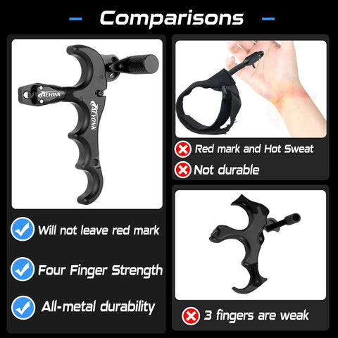 Comparison of Aluminum 360 Degree Rotatable 4 Finger Archery Thumb Release for compound bow and wrist strap release