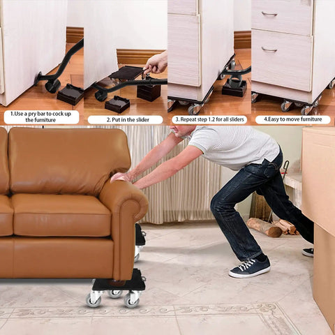 Move Your Heavy Furniture And Big Appliances Like Fridges And Washers With Ease Using This Beefy Dolly Set That Handles Up To 1300 Pounds Includes Lifting Tool Oversize Wheels And Non Slip Pads For No Sweat Moving showing a person using the dolly set to move a couch.