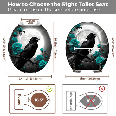 Round Decorative Toilet Seat for Bathroom size guide showing measurements for round and elongated styles.