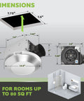 Integrated LED Light Bath Fan With Ceiling Mount Exhaust Quiet One Point One Sones Eighty CFM Brushed Nickel Finish, dimensions.