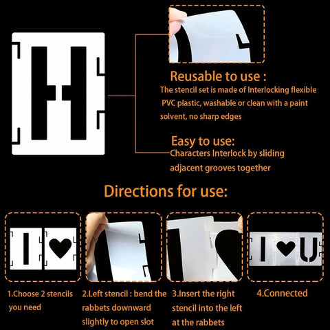 Diagram showing usage instructions for 1 Inch Letter And Number Stencil Kit, 42 Piece Reusable Interlocking Alphabet Templates for DIY art projects.