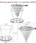 Dimensions of Stainless Steel Pour Over Cone Filter With Removable Stand Honeycombed Mesh For Reusable Paperless Brewing In A 1 To 2 Cup Size
