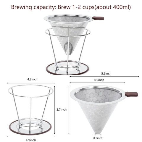Dimensions of Stainless Steel Pour Over Cone Filter With Removable Stand Honeycombed Mesh For Reusable Paperless Brewing In A 1 To 2 Cup Size