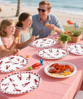 50 Pack Crawfish Boil Disposable Paper Plates Red Grid Oval Heavy Duty Design For Seafood Feasts Backyard Kickbacks Measuring 10X12 Inches Perfect For Summer Bash Parties Where Everyone Will Chow Down on a picnic table.