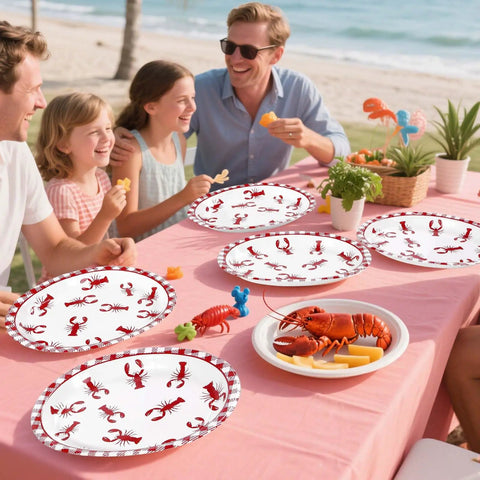 50 Pack Crawfish Boil Disposable Paper Plates Red Grid Oval Heavy Duty Design For Seafood Feasts Backyard Kickbacks Measuring 10X12 Inches Perfect For Summer Bash Parties Where Everyone Will Chow Down on a picnic table.