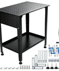 Heavy Duty Steel Welding Table 2000 Lbs Capacity 36 By 24 Workbench With 5/8 Fixture Holes And Tool Tray, black with accessories.