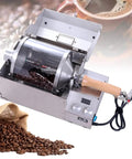 Kickin Smooth Electric Coffee Roaster With Rock Solid Stainless Steel Drum And Spacious Quartz Glass Window For Hassle Free Bean Baking, showing beans and control panel.