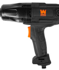 No Hassle 7.5 Amp Corded Impact Wrench With 1/2 Inch Hog Ring Anvil side view, showcasing grip and power button design.