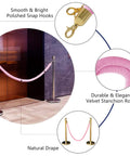 Two Pack Velvet Stanchion Rope Pink With Gold Hooks, Five Foot Party Barrier For VIP Events, Red Carpet Setup