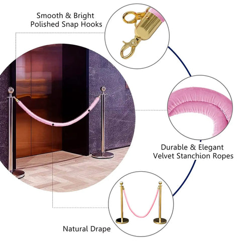 Two Pack Velvet Stanchion Rope Pink With Gold Hooks, Five Foot Party Barrier For VIP Events, Red Carpet Setup