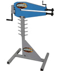 Blue 24-Inch Manual Bead Roller For Metal Fabrication, Handheld Sheet Metal Roller For Auto Body Work shown on stand