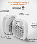 Dual Watt Personal Heater With 750 And 1500 Watts, Fast Warmth featuring safety labels, handle, and power indicator