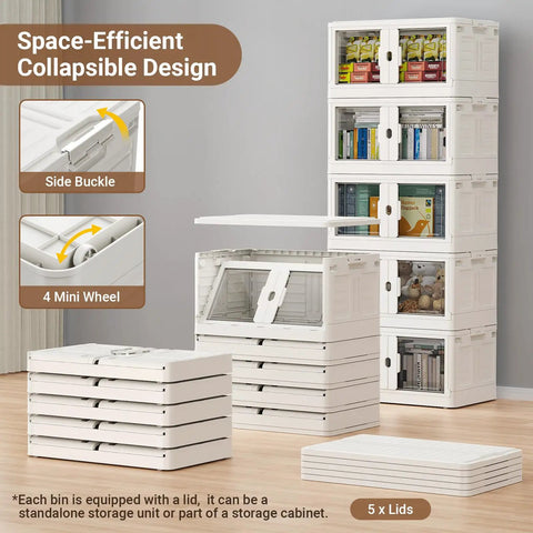 Heavy Duty Stackable Storage Bins With Lids And Wheels 4 Pack view showing collapsible design and wheels in white.